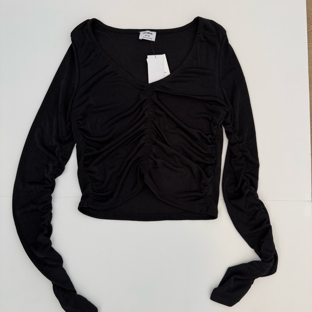 Cotton On Black Ruched Fitted Long Sleeve Blouse